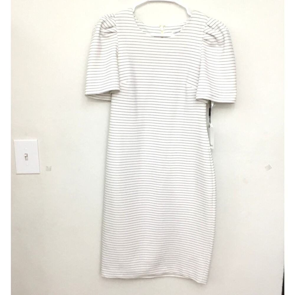 Calvin Klein Short Puff Sleeve White Striped Dress Sz 6 - Picture 2 of 9